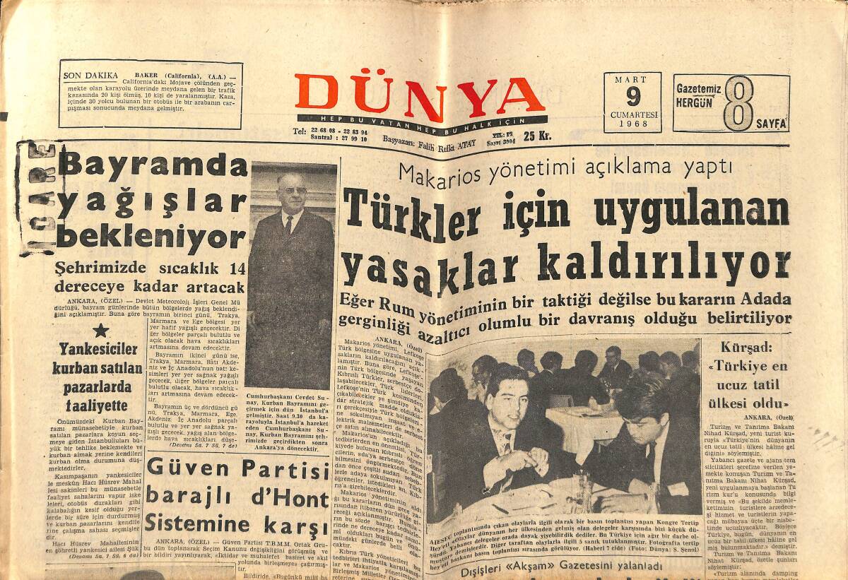 Dünya Gazetesi 9 Mart 1968 - Türkler İçin Uygulanan Yasaklar Kaldırılıyor - Hollywood'un Taçsız Kraliçesi Elizabeth Taylor GZ151069 - 1