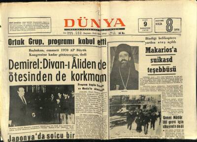 Dünya Gazetesi 9 Mart 1970 - Makariosa Suikast Girişimi GZ68079 - 2