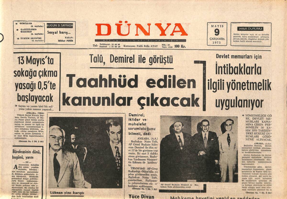 Dünya Gazetesi 9 Mayıs 1973 - Taahhüd Edilen Kanunlar Çıkacak - Şafakçılar, Marksist, Leninist Ve Komünistliklerini İtiraf Ettiler! GZ143217 - 1