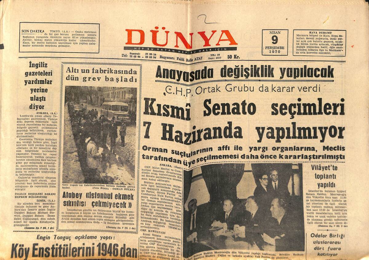 Dünya Gazetesi 9 Nisan 1970 - Türkan Şoray'ın Başı Dertte - Hülya Koçyiğit Ve Kartal Tibet Amerika'ya Gidecek GZ150941 - 1