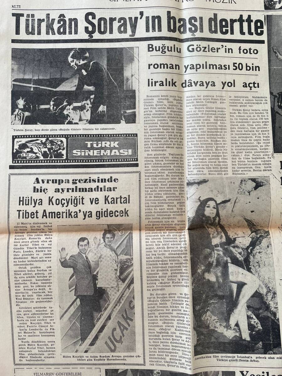Dünya Gazetesi 9 Nisan 1970 - Türkan Şoray'ın Başı Dertte - Hülya Koçyiğit Ve Kartal Tibet Amerika'ya Gidecek GZ150941 - 2