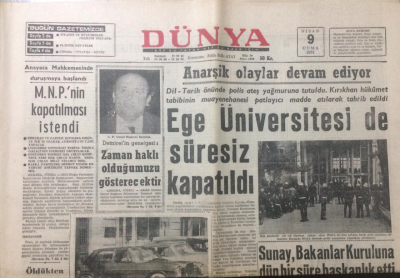 Dünya Gazetesi 9 Nisan 1971 - Ege Üniversiteside Süresiz Kapatılıyor - GZ12906 - 2