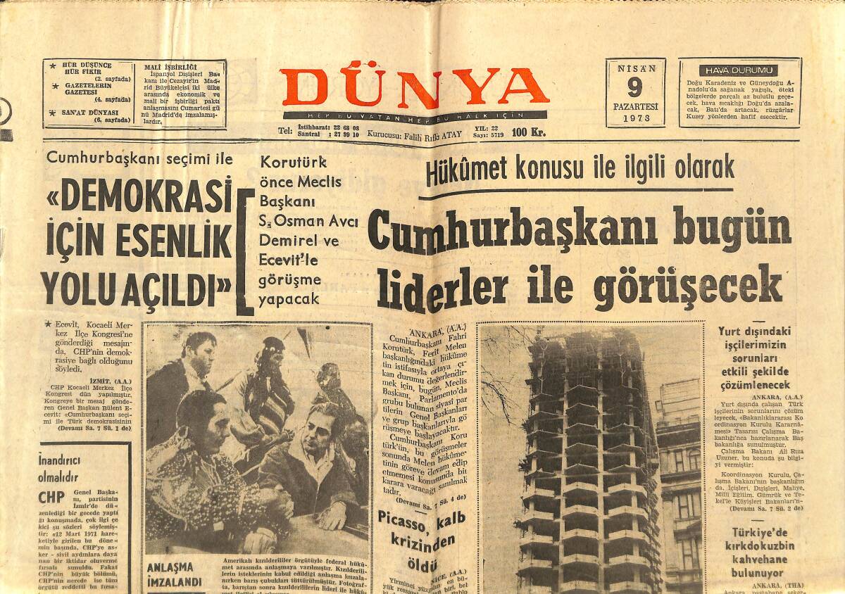 Dünya Gazetesi 9 Nisan 1973 - Yunus Emre'nin Mezarı - Marmara Bölgesi Tütün Piyasası Açılıyor GZ148134 - 1