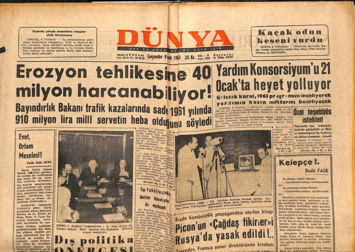 Dünya Gazetesi 9 Ocak 1963 - Ay'a İki İnsan Göndermek 35 Milyon Dolara Mal Olacak - Kennedy'yi Devirmek İçin Gizli Teşkilat Kurulmuş GZ149360 - 1