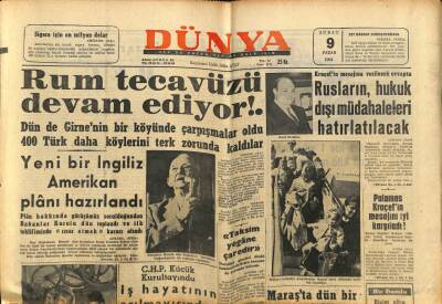 Dünya Gazetesi 9 Şubat 1964 - Rum Tecavüzü Devam Ediyor GZ68156 - 2