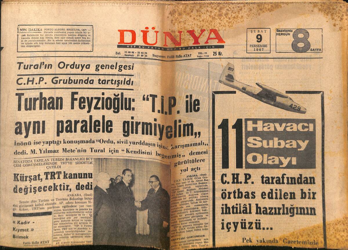 Dünya Gazetesi 9 Şubat 1967 - CHP Tarafından Örtbas Edilen Bir İhtilal Hazırlığının İç Yüzü - Serengil Meydan Okuyor GZ149341 - 1