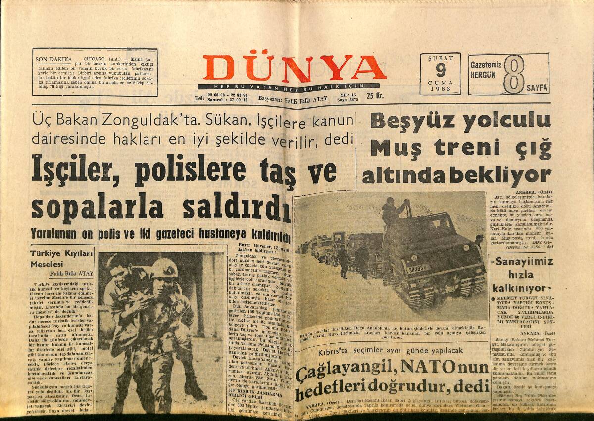 Dünya Gazetesi 9 Şubat 1968 - İşçiler Polise Saldırdı 3 Bakan Zonguldak'ta, Astsubay Levent Şimşek ve Veli Doğan, Maria Frau, Beşiktaş Çaresiz GZ148143 - 1