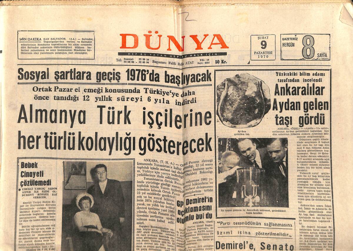 Dünya Gazetesi 9 Şubat 1970 - Almanya Türk İşçilerine Her Türlü Kolaylığı Gösterecek - Ankara'da 29 Manken Adayı GZ150922 - 1