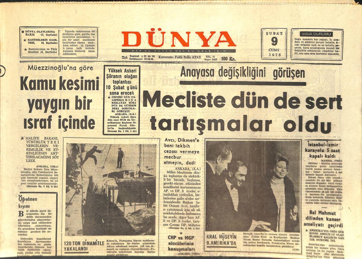 Dünya Gazetesi 9 Şubat 1973 - Kral Hüseyin Birleşik Amerika'da - NATO Gözü İle Sovyetler Birliği Ekonomisi GZ143256 - 1