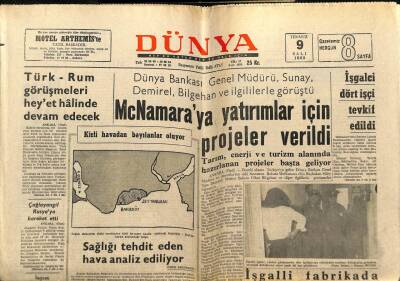 Dünya Gazetesi 9 Temmuz 1968 - Türk Rum Görüşmeleri Heyetler Halinde Devam Edecek GZ68321 - 1