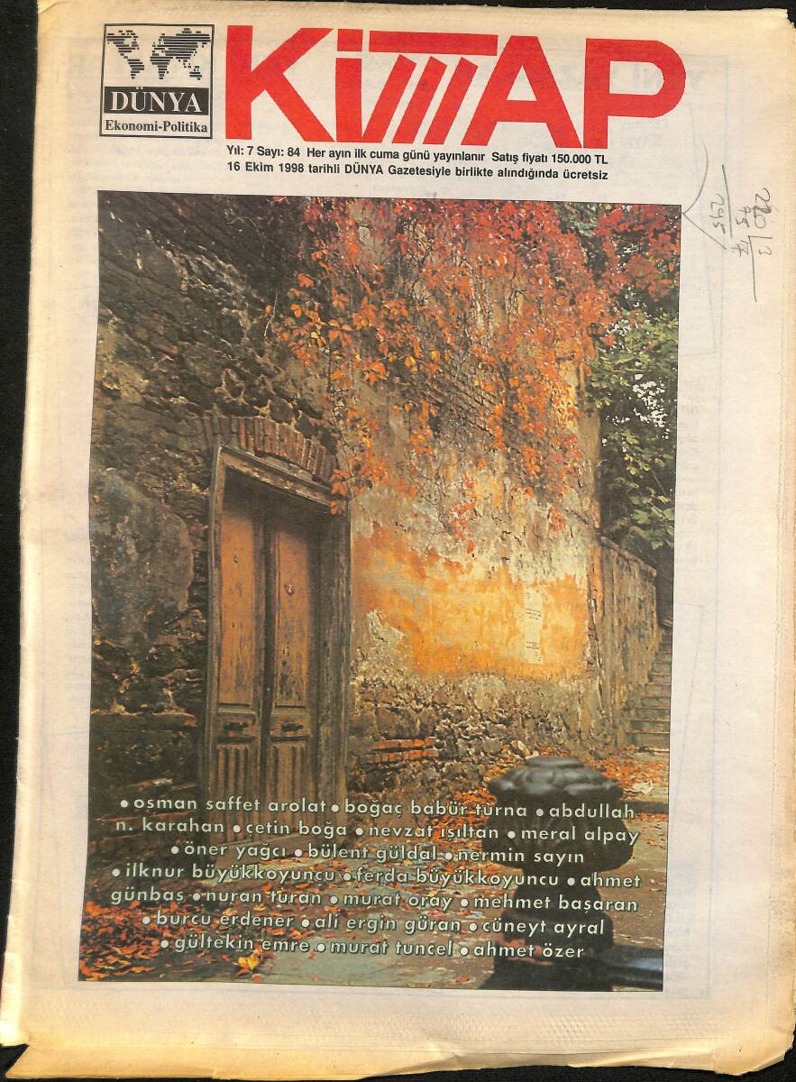 Dünya Gazetesi Kitap Eki 16 Ekim 1998 - Yaşar Kemal İçin Ödüller Peynir Ekmek Gibi GZ155602 - 1