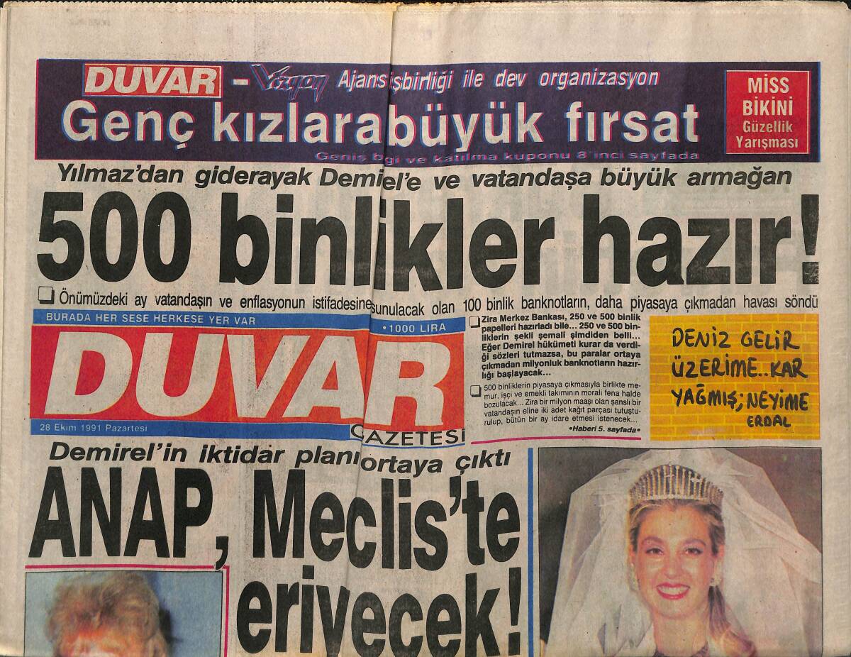 Duvar Gazetesi 28 Ekim 1991 - Nazan Şoray'ın Erkekler Matinesi - Kaşıkçı Rezil Oldu - Kırmızı Kolezet'in Ünlü Konukları Tanju Çolak GZ141050 - 1
