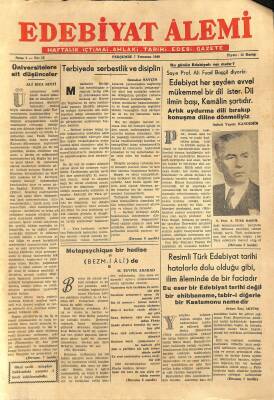 Edebiyat Alemi Gazetesi 7 Temmuz 1949 - Ali Fuad Başgil Diyor Ki Edebiyat Her Şeyden Evvel Mükemmel Bir Dil İster GZ115708 - 1