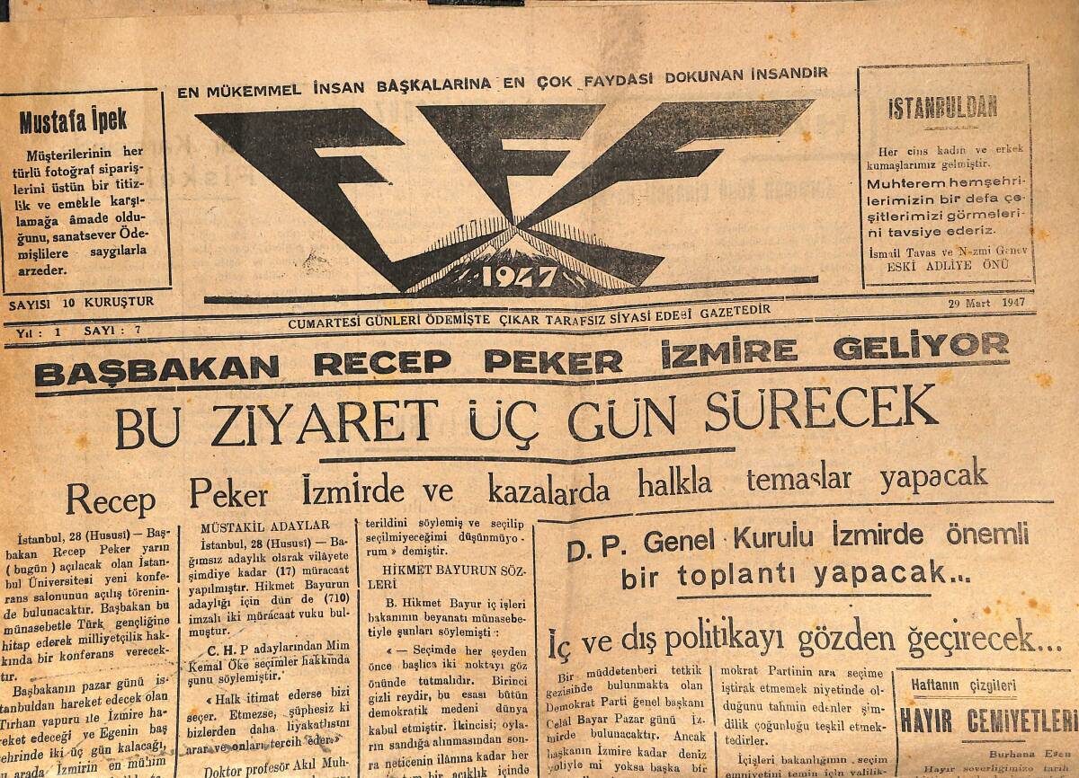 Efe Gazetesi 29 Mart 1947 - Başbakan Recep Peker İstanbul'a Geliyor - D.P. Genel Kurulu İzmir'de Önemli Bir Toplantı Yapacak GZ136732 - 1