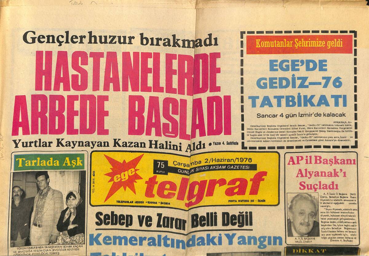 Ege Telgraf Gazetesi 2 Haziran 1976 - Hastanelerde Arbede Başladı - AP İl Başkanı İhsan Alyanak'ı Suçladı! GZ145209 - 1