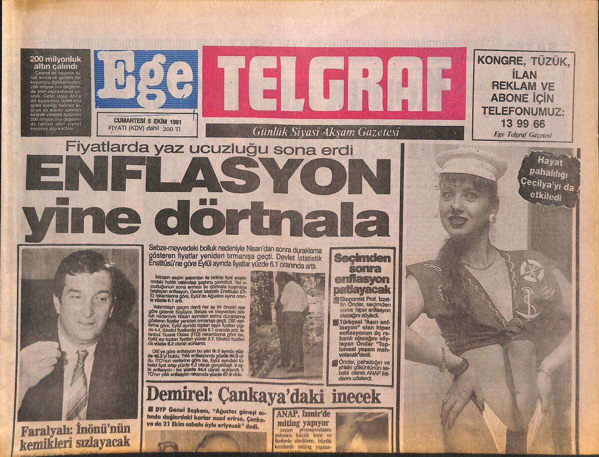 Ege Telgraf Gazetesi 5 Ekim 1991 - Hayat Pahalılığı Dansöz Çeçilya'yı Da Etkiledi - Vücut Şampiyonluğundan Hollywood'a Arnold Schwarznegger GZ136567 - 1
