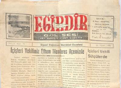 Eğirdir Gölsesi Siyasi Bağımsız Memleket Gazetesi- 24 Eylül 1953 GZ50006 - 1