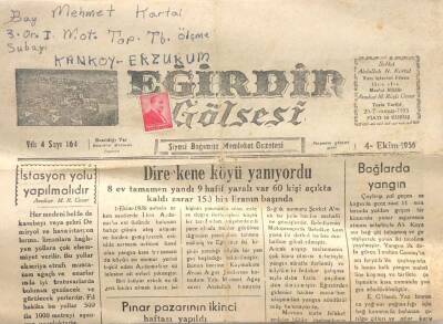 Eğirdir Gölsesi Siyasi Bağımsız Memleket Gazetesi- 4 Ekim 1956 GZ50005 - 1