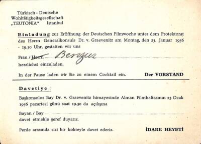 Eğlence Tarihi - TEUTONIA Türk Alman Yardım Heyeti 23 Ocak 1956 Alman Film Haftasının Açılışı Davetiyesi EFM(N)9822 - 1