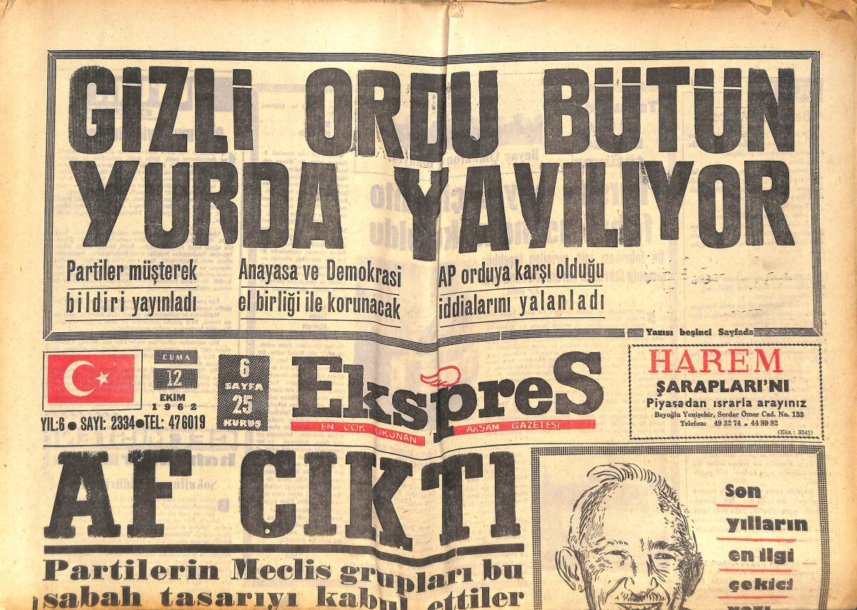 Ekspres Gazetesi 12 Ekim 1962 - Twentieth Century: Fox Şirketine Çok Şey Borçluyum - Gizli Ordu Bütün Yurda Yayılıyor GZ143918 - 1