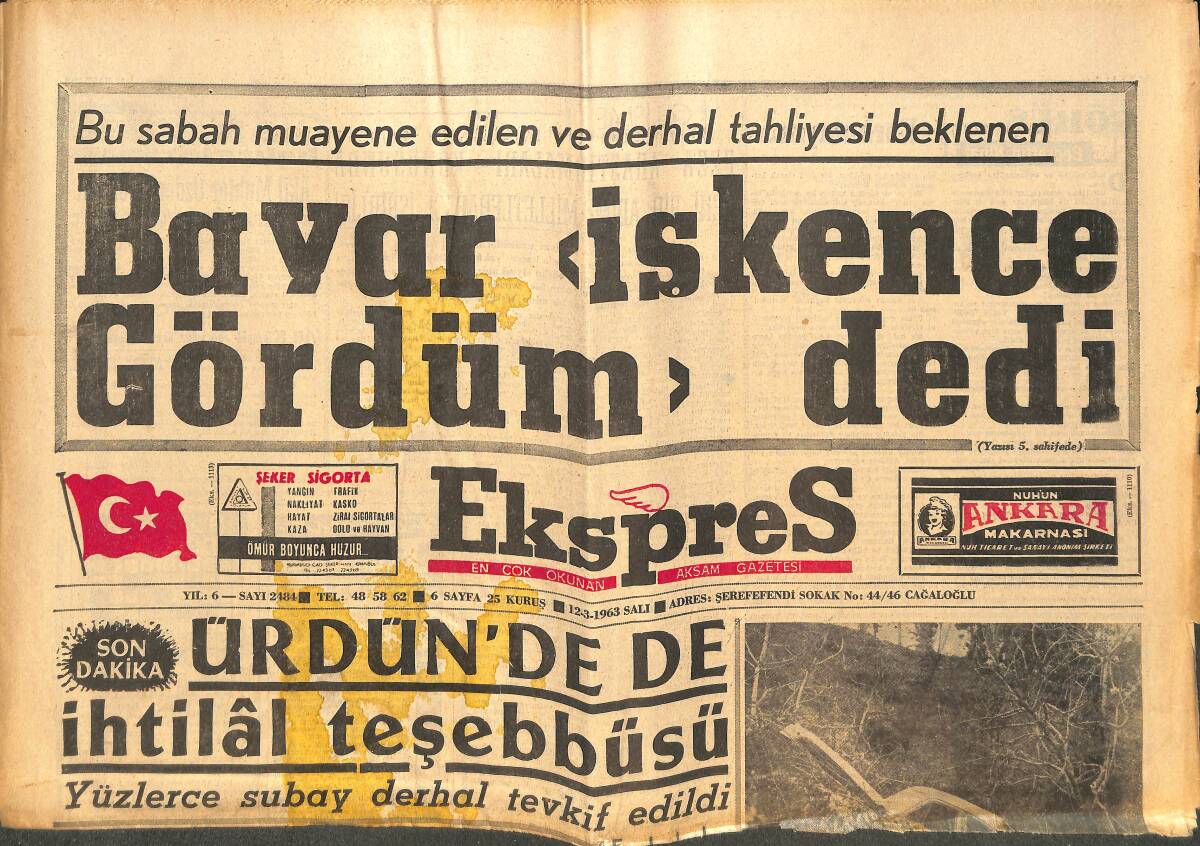 Ekspres Gazetesi 12 Mart 1963 - Bayar İşkence Gördüm Dedi - Zeki Müren Kıbrıs'a Gidiyor - Galatasaray Milano'ya Vardı GZ143902 - 1