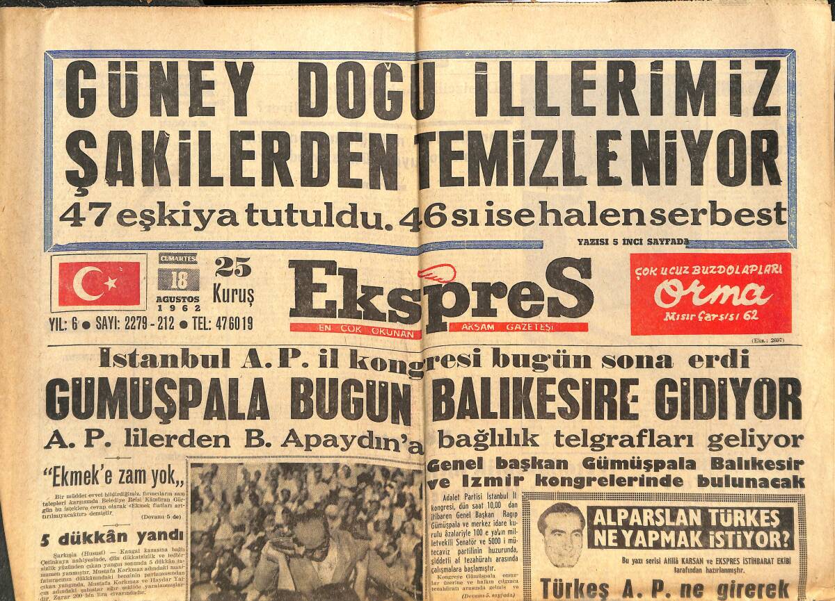 Ekspres Gazetesi 18 Ağustos 1962 - Güneydoğu İllerimiz Şakilerden Temizleniyor - Irak: Olaylara Sebep Pilotların Gençliği! GZ144065 - 1