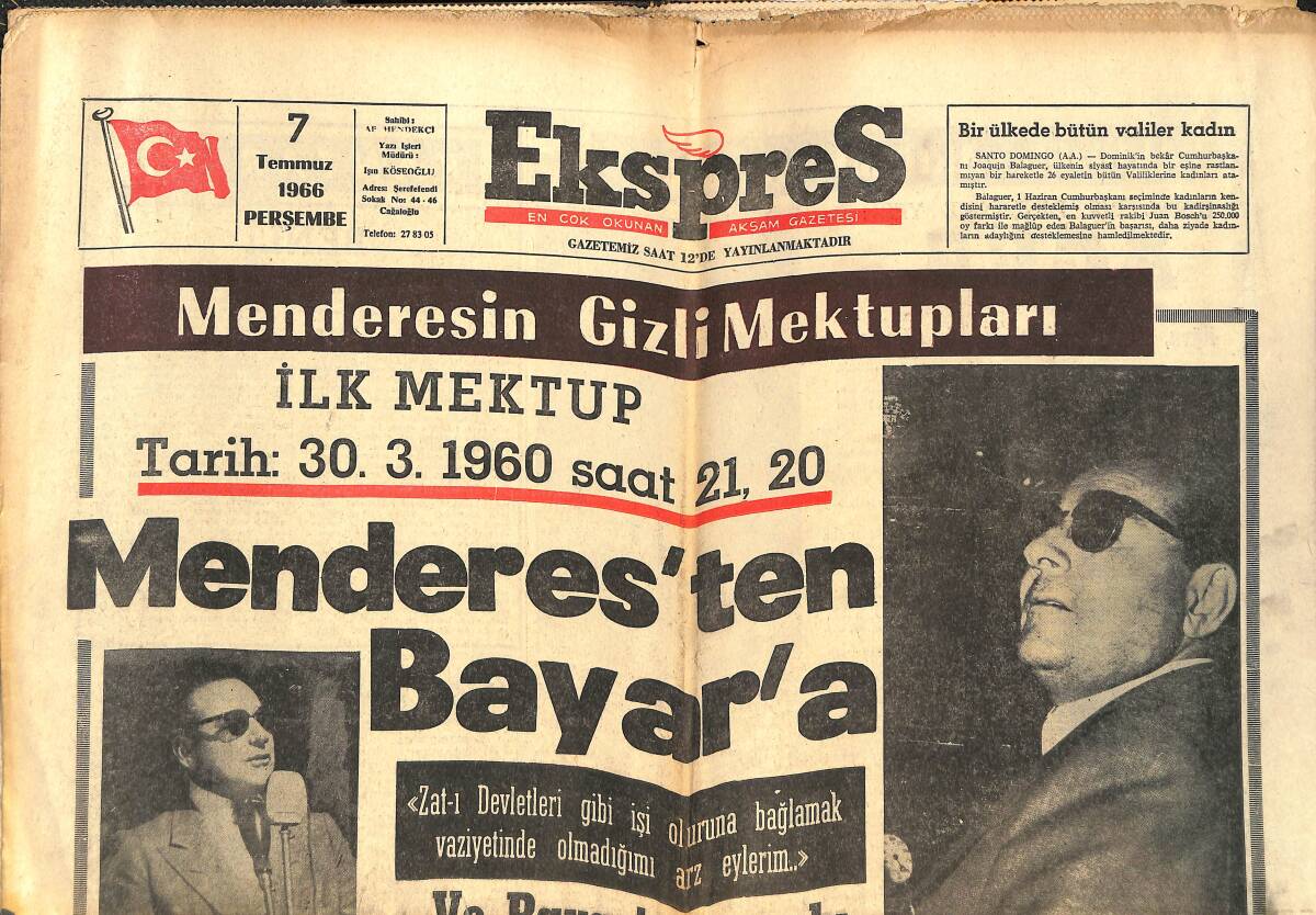 Ekspres Gazetesi 7 Temmuz 1966 - Menderes'in Gizli Mektupları, Menderes'ten Bayar'a - Ermeni Patriği Menderes'e Ne Yazdı GZ143886 - 1
