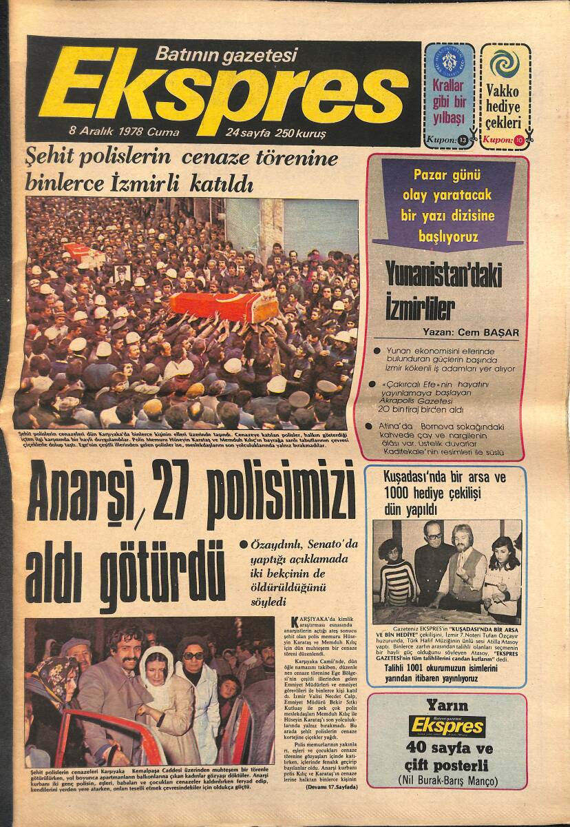 Ekspres Gazetesi 8 Aralık 1978 - Cenk Koray İstanbullu Oldu - Anarşi 27 Polisimizi Aldı Götürdü GZ133155 - 1