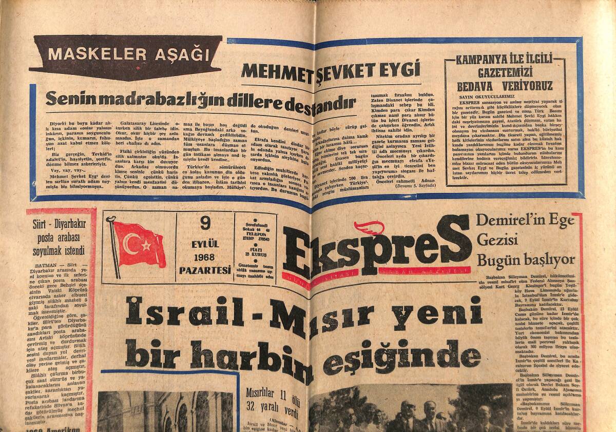 Ekspres Gazetesi 9 Eylül 1968 - İsrail-Mısır Yeni Bir Harbin Eşiğinde - Kiesinger Dolmabahçe Sarayına Hayran Oldu GZ148944 - 2