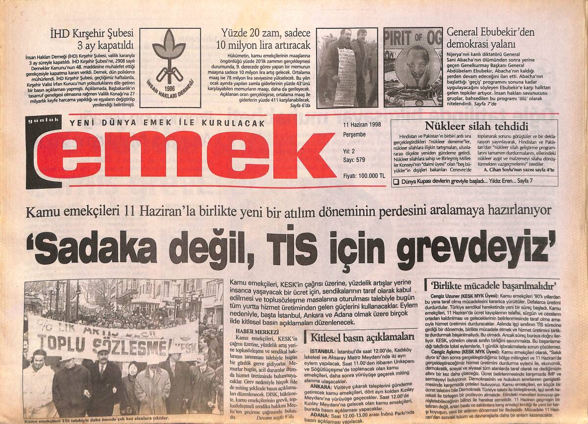 Emek Gazetesi 11 Haziran 1998 - Kamu Emekçileri; Sadaka Değil, TİS İçin Grevdeyiz - Ülkücü Öğrencilere Satırla Saldırı GZ132388 - 1