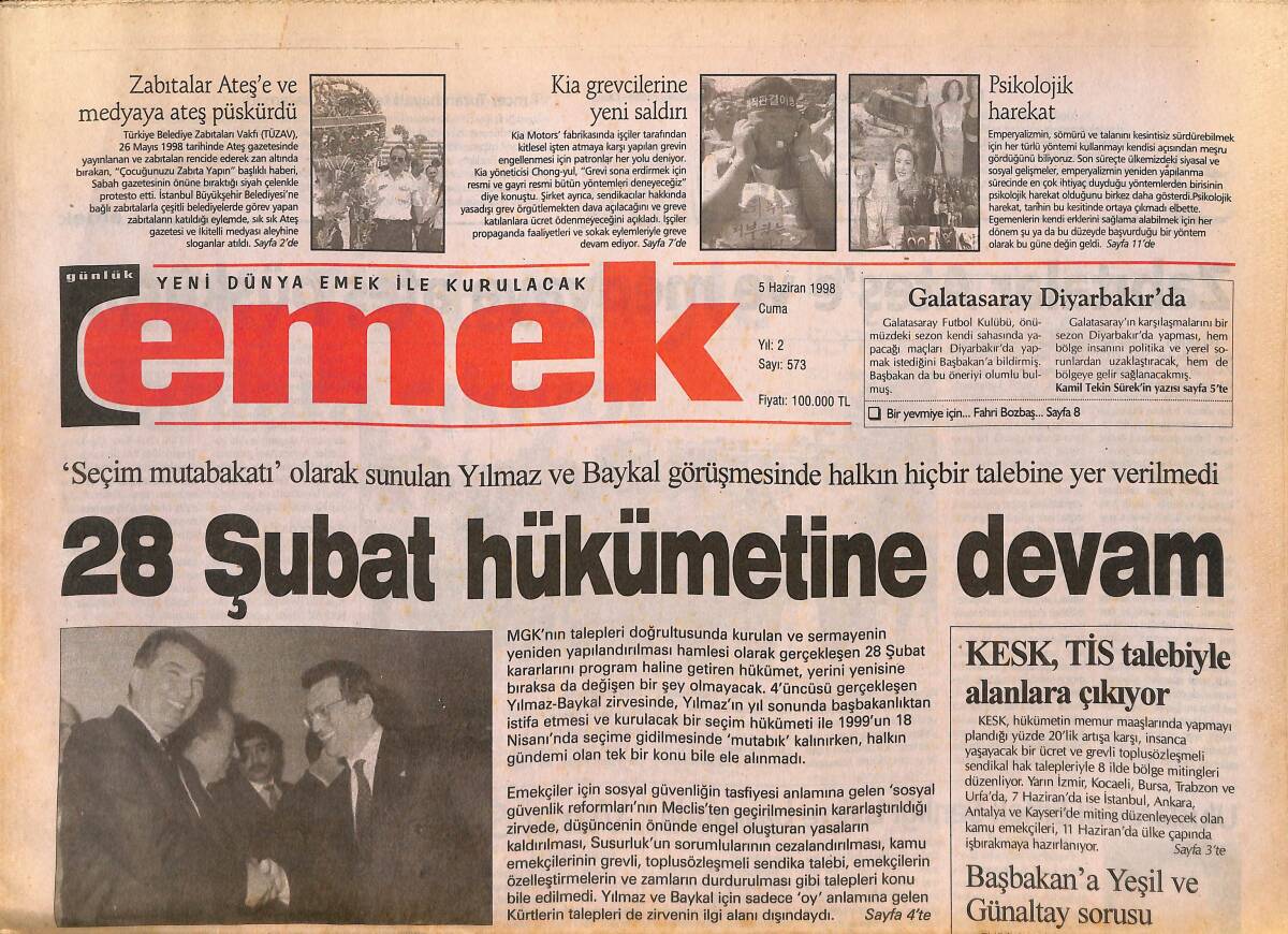 Emek Gazetesi 5 Haziran 1998 - 28 Şubat Hükümetine Devam - Çevre Gününde; Doğanın Durumu Kötü GZ132412 - 1