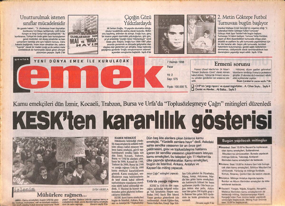 Emek Gazetesi 7 Haziran 1998 - 11-12 Yaşındaki Çocuklara İşkence Yapan Polislere Dava Açıldı - Kolombiya'da ki Katliama Protesto GZ132399 - 1