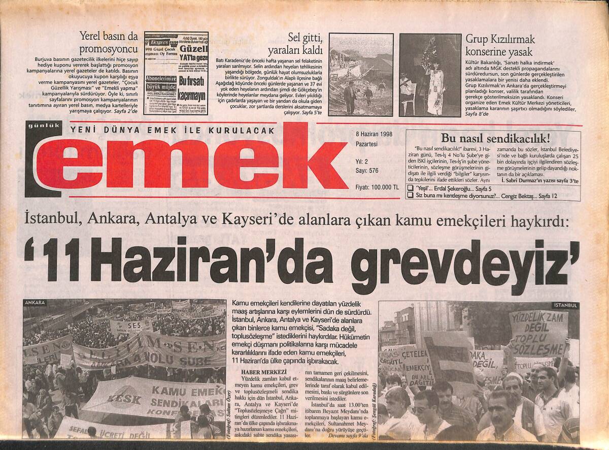 Emek Gazetesi 8 Haziran 1998 - Kamu Emekçileri 11 Haziran'da Grevdeyiz Dedi - Tarım İşçileri Ölüme Taşındı; 1 Ölü 24 Yaralı GZ132398 - 1