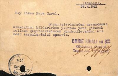 Emine Kınalı Komandit Şirketi 24 Nisan 1942 Damga Pullu Sipariş Bildiri Kartı EFM(N)10877 - 2