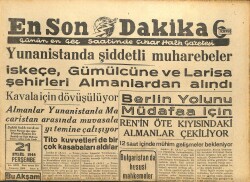 En Son Dakika Gazetesi 21 Eylül 1944 - Yunanistanda Şiddetli Muharebeler GZ71406 - 1
