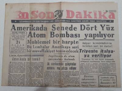 En Son Dakika Gazetesi 21 Mart 1948 - Amerikada Senede 400 Atom Bombası Yapılıyor GZ71749 - 1