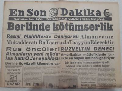 En Son Dakika Gazetesi 21 Ocak 1945 - Ruzveltin Demeci GZ71736 - 1