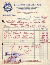 Ermeni SAVARŞ MELİKYAN Değirmen Antetli Damga Pullu Fatura EFM(N)10937 - Gökçekoleksiyon