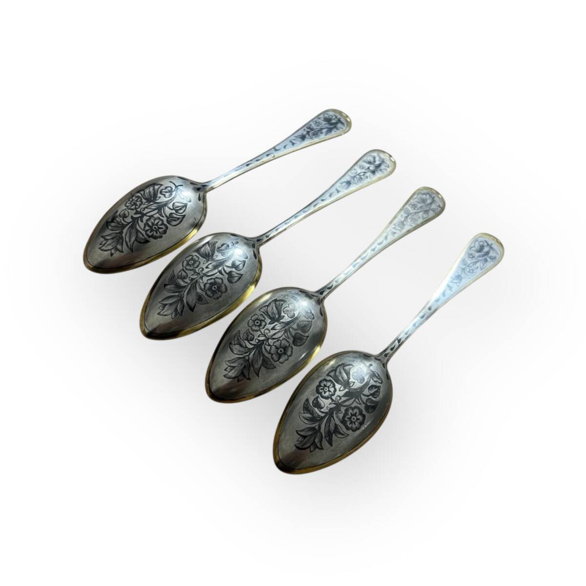 Eski Rus Gümüş Savatlı Damgalı Kaşık 4 Adet AOB6064 - 1