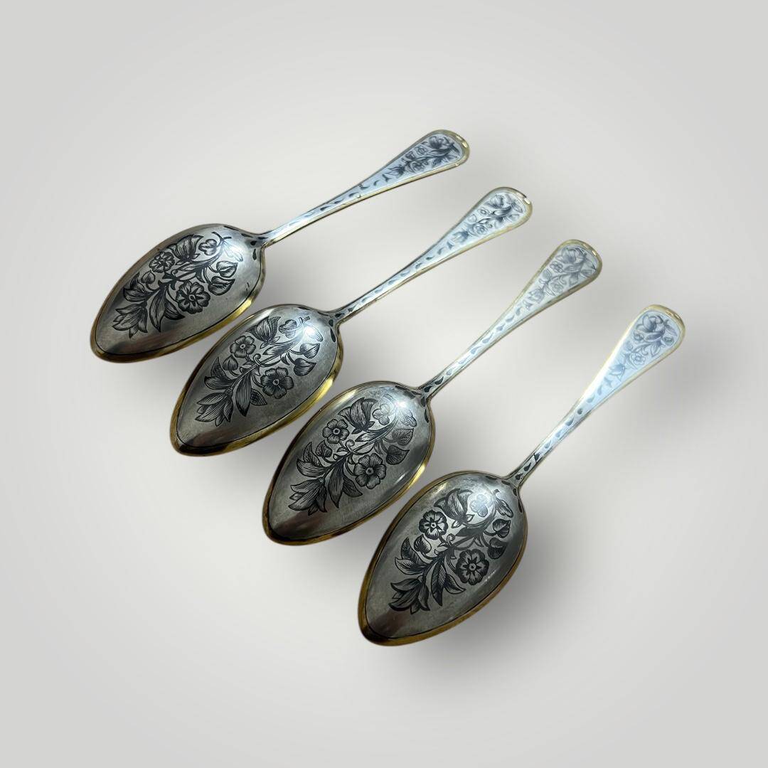 Eski Rus Gümüş Savatlı Damgalı Kaşık 4 Adet AOB6064 - 4