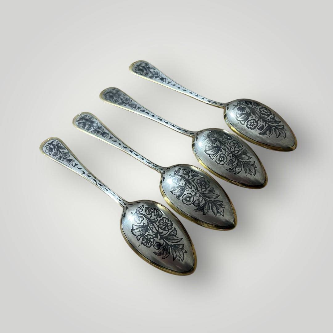 Eski Rus Gümüş Savatlı Damgalı Kaşık 4 Adet AOB6064 - 5