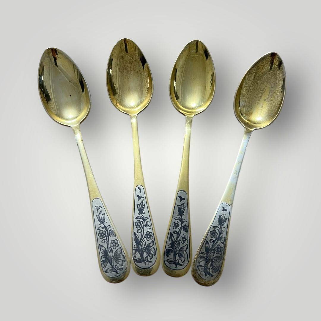 Eski Rus Gümüş Savatlı Damgalı Kaşık 4 Adet AOB6064 - 3