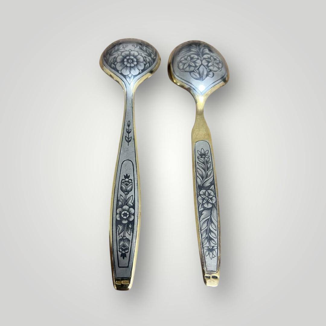 Eski Rus 84 Damgalı Savat (Niello) İşçilikli Gümüş Kaşık Seti (2 Adet) AOB6067 - 2