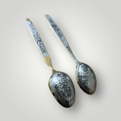 Eski Rus 84 Damgalı Savat (Niello) İşçilikli Gümüş Kaşık Seti (2 Adet) AOB6067 - 5