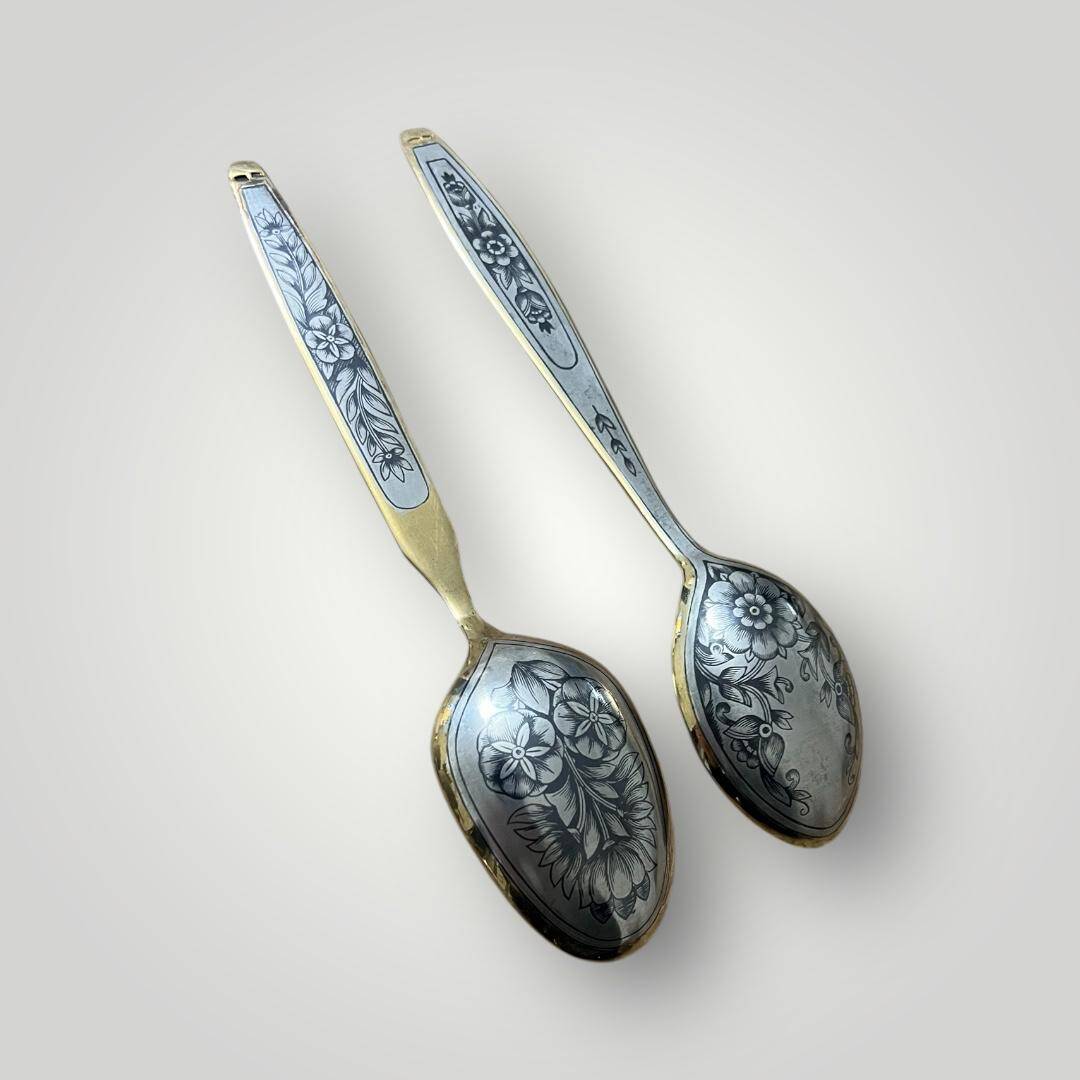 Eski Rus 84 Damgalı Savat (Niello) İşçilikli Gümüş Kaşık Seti (2 Adet) AOB6067 - 5