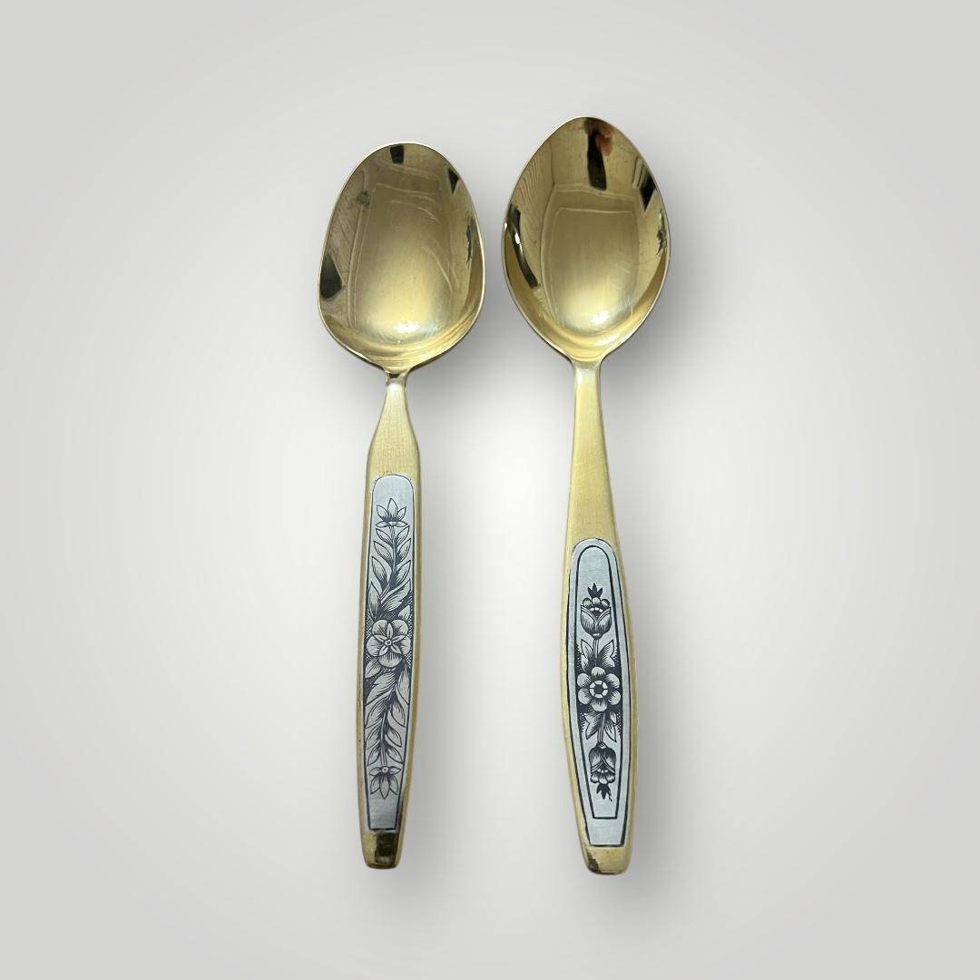 Eski Rus 84 Damgalı Savat (Niello) İşçilikli Gümüş Kaşık Seti (2 Adet) AOB6067 - 4