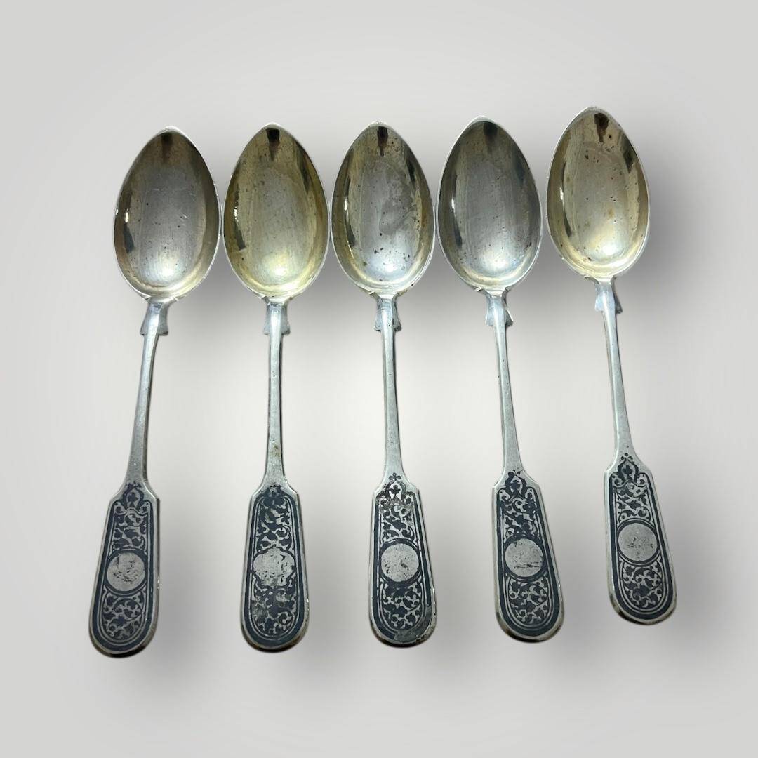 Eski Rus Gümüş Savatlı Damgalı Kaşık 5 Adet AOB6066 - 3