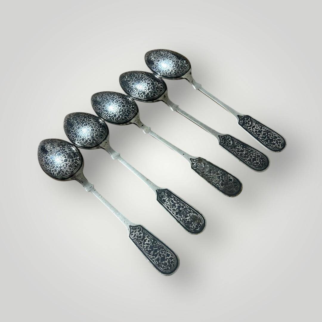 Eski Rus Gümüş Savatlı Damgalı Kaşık 5 Adet AOB6066 - 2