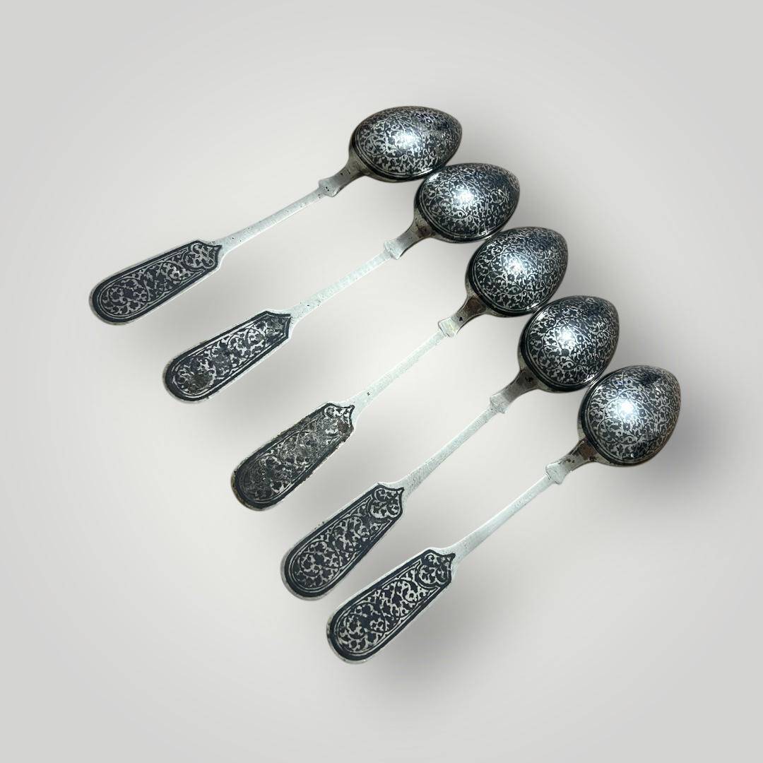Eski Rus Gümüş Savatlı Damgalı Kaşık 5 Adet AOB6066 - 4