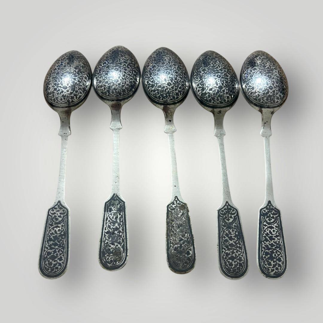Eski Rus Gümüş Savatlı Damgalı Kaşık 5 Adet AOB6066 - 5